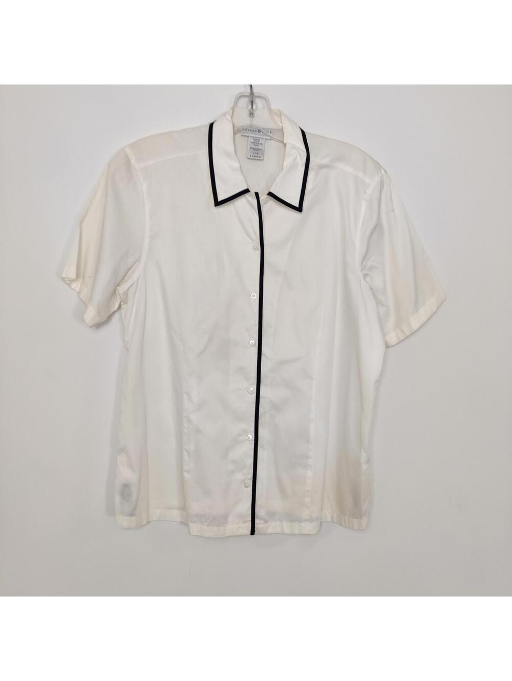 Cutter & Buck White Short Sleeve Button Front Blouse  Black Piping Size Medium
